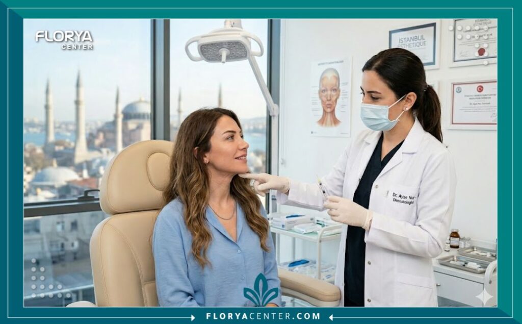 طبيبة تجميل تقدم استشارة لمريضة داخل عيادة حديثة ومعقمة في إسطنبول حول عملية شد الرقبة بالبوتوكس (نيفرتيتي).