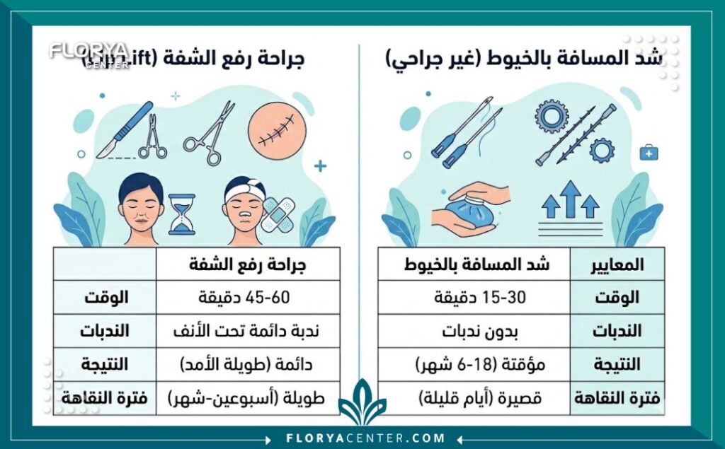 إنفوجرافيك مقارنة بين جراحة رفع الشفة التقليدية وشد المسافة بين الأنف والشفة بالخيوط بدون جراحة.