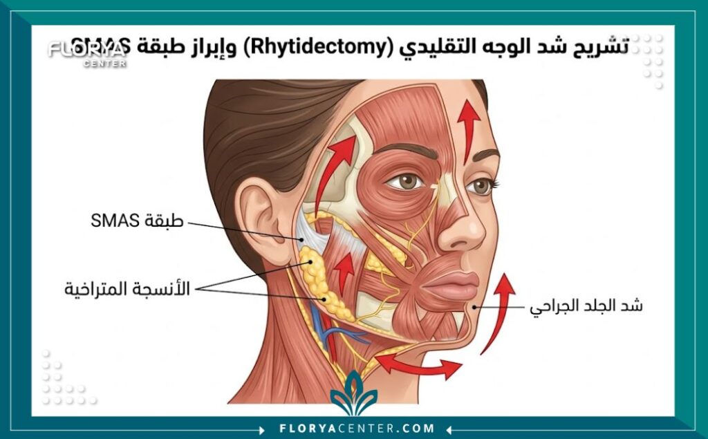 مخطط تشريحي طبي يوضح كيفية استهداف الأنسجة المتراخية وطبقات الجلد في عمليات شد الوجه الكامل.