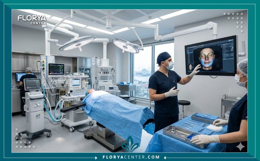 إحدى غرف العمليات المتطورة والحديثة المخصصة لجراحات تجميل الوجه في أفضل عيادات التجميل في تركيا.