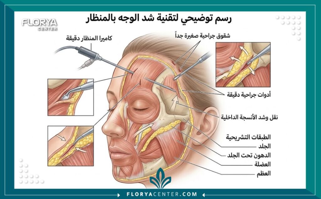 رسم توضيحي طبي يشرح تقنية شد الوجه والجبين بالمنظار وكيفية رفع الأنسجة الداخلية عبر شقوق صغيرة مخفية.