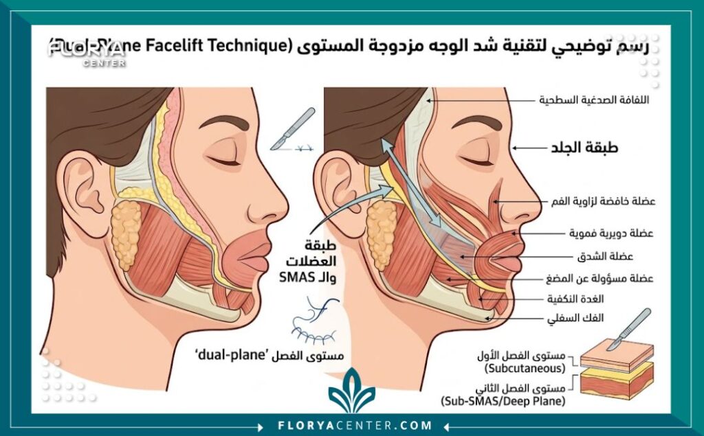 شد الوجه بتقنية الـ Dual-plane 2 مخطط طبي تشريحي يوضح آلية فصل الجلد عن طبقة العضلات العميقة في عملية شد الوجه بتقنية الـ Dual-plane.