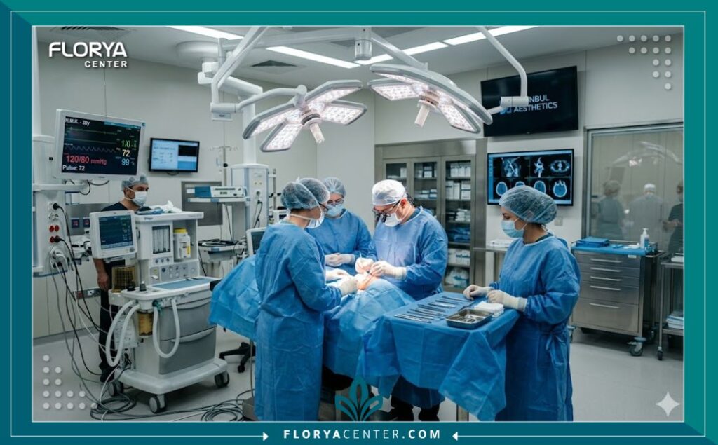 غرفة عمليات حديثة ومعقمة مجهزة بأحدث التقنيات لعمليات تجميل وشد الوجه في اسطنبول تركيا.