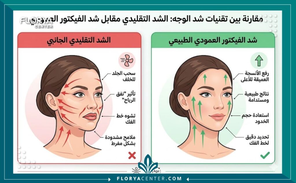 شد الوجه بتقنية الـ Vertical Vector 3 إنفوجرافيك يوضح الفرق بين شد الوجه الأفقي التقليدي وتقنية الشد العمودي الحديثة.