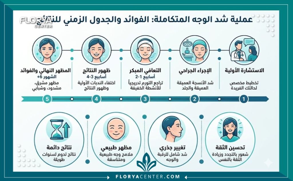 شد الوجه والرقبة الجراحي المتكامل في تركيا 3 إنفوجرافيك يوضح مزايا ومراحل التعافي بعد عملية شد الوجه والرقبة الجراحي في تركيا.