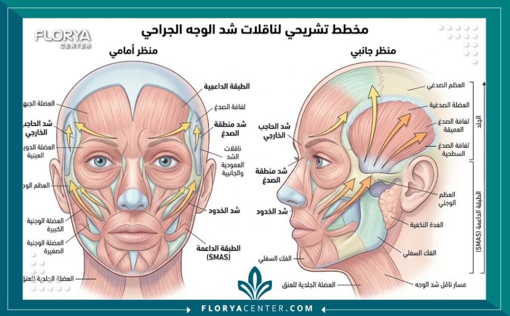 رسم توضيحي طبي يوضح اتجاهات شد الخدود ورفع الحواجب في جراحة شد الصدغين.