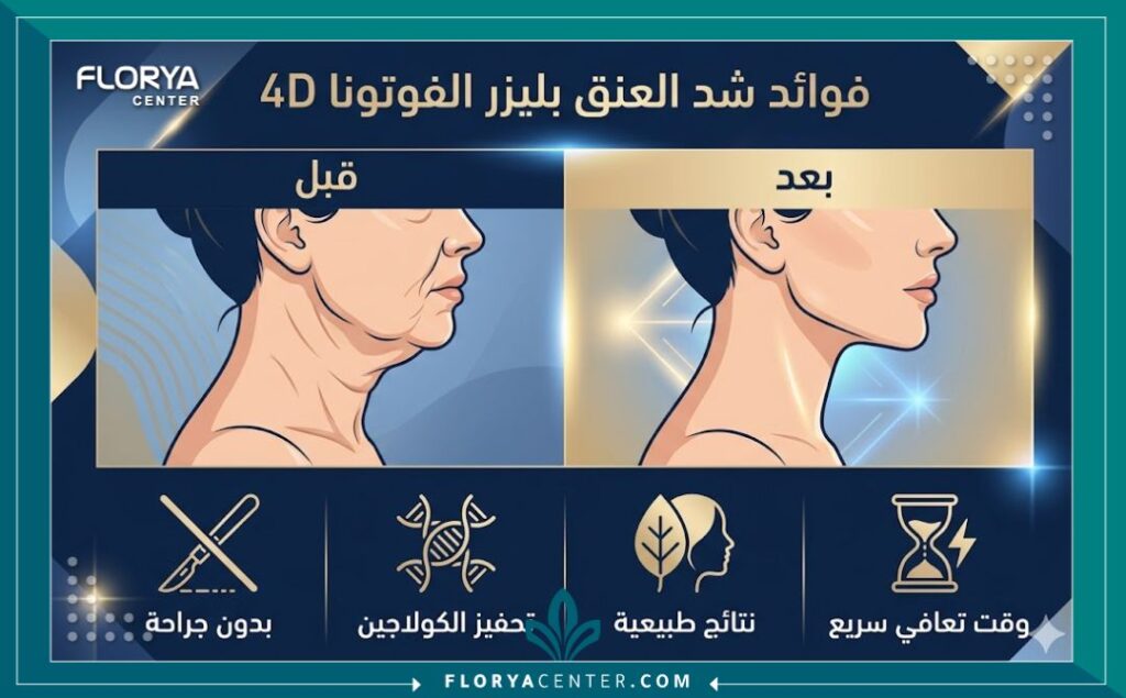 إنفوجرافيك يوضح فوائد ومميزات شد جلد العنق بليزر الفوتونا 4D في تركيا قبل وبعد