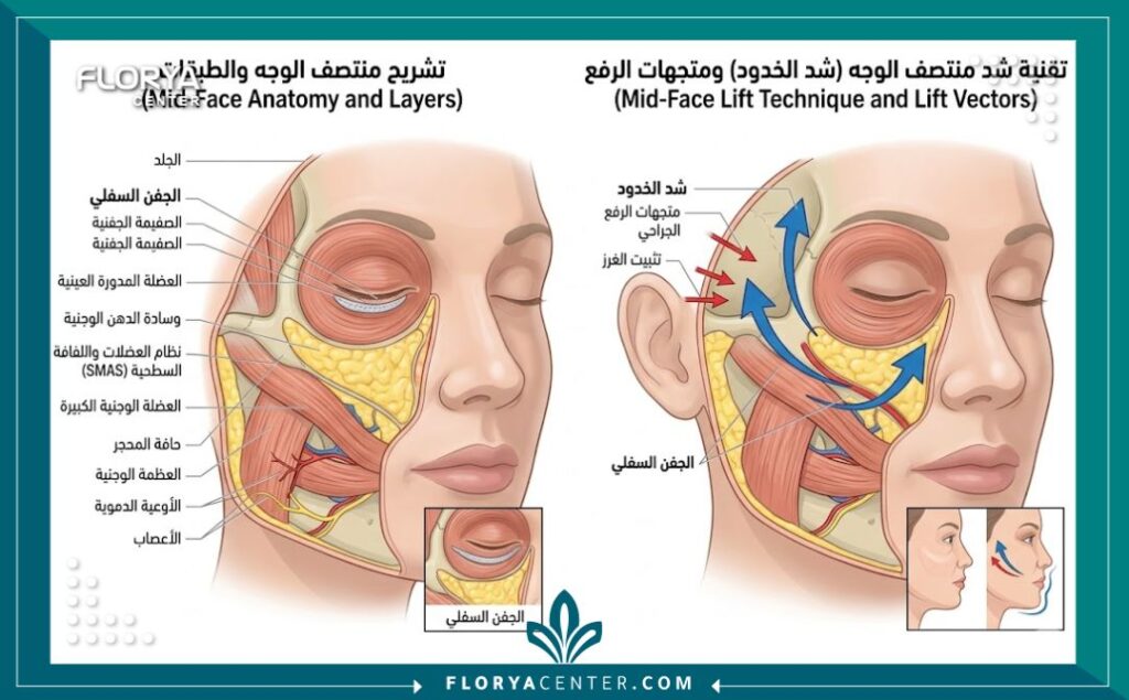 مخطط تشريحي يوضح عضلات وجه الإنسان والمناطق المستهدفة في جراحة شد منتصف الوجه.