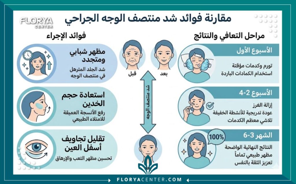 إنفوجرافيك توضيحي يبرز مميزات وفوائد عملية شد منتصف الوجه الجراحي ومقارنتها بالشد التقليدي.