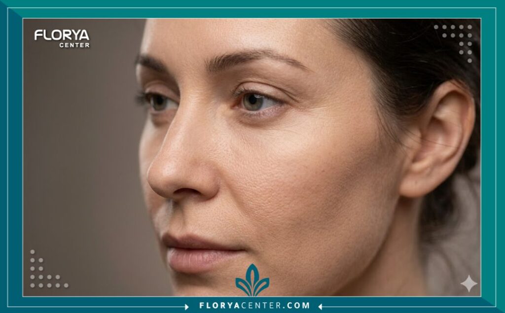 صورة مقربة تظهر تجميل محيط العين السفلي وامتلاء الخدود بعد شد منتصف الوجه.
