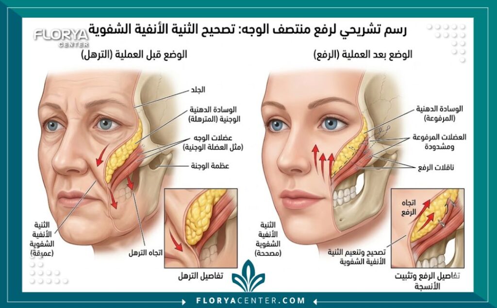 رسم توضيحي طبي يوضح تشريح عضلات الوجه والمناطق المستهدفة في جراحة شد منتصف الوجه