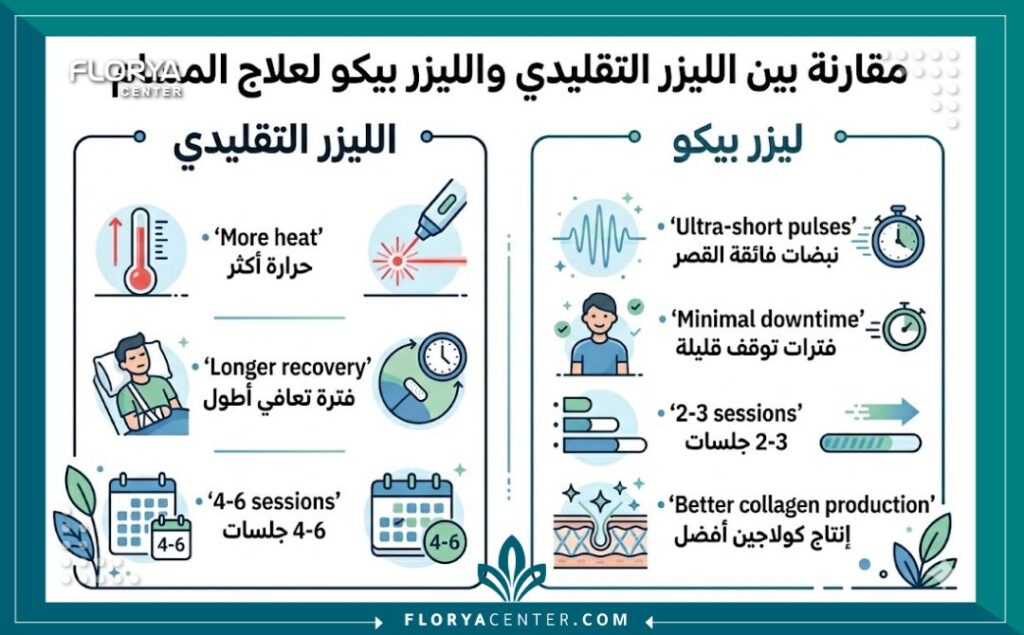 إنفوجرافيك للمقارنة بين فوائد علاج المسام حول الأنف بليزر البيكو مقابل الليزر التقليدي من حيث عدد الجلسات وفترة النقاهة.