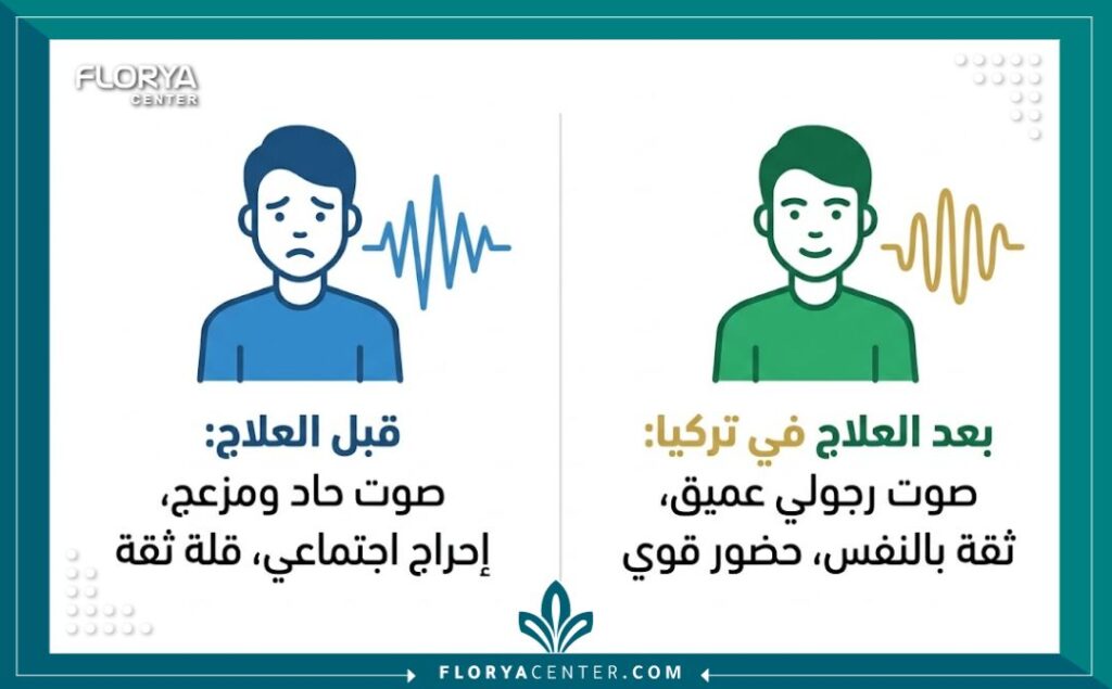 إنفوجرافيك يقارن بين حالة المريض قبل وبعد علاج النبرة الحادة للصوت للرجال.