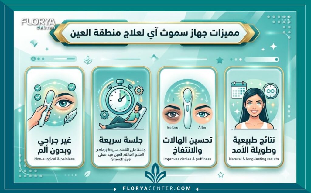 إنفوجرافيك يوضح أبرز مميزات وفوائد (SmoothEye) لعلاج تجاعيد العين بجهاز سموث آي في تركيا.
