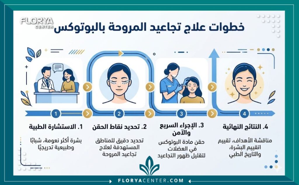 إنفوجرافيك يوضح خطوات ومراحل علاج تجاعيد المروحة بجانب العين بالبوتوكس.