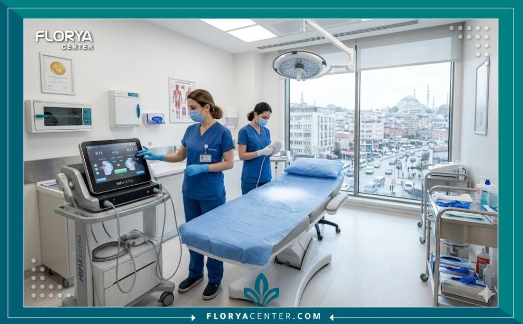 غرفة عمليات معقمة ومجهزة بأحدث أجهزة الهايفو لشد البشرة في مستشفى تجميل متخصص في تركيا.