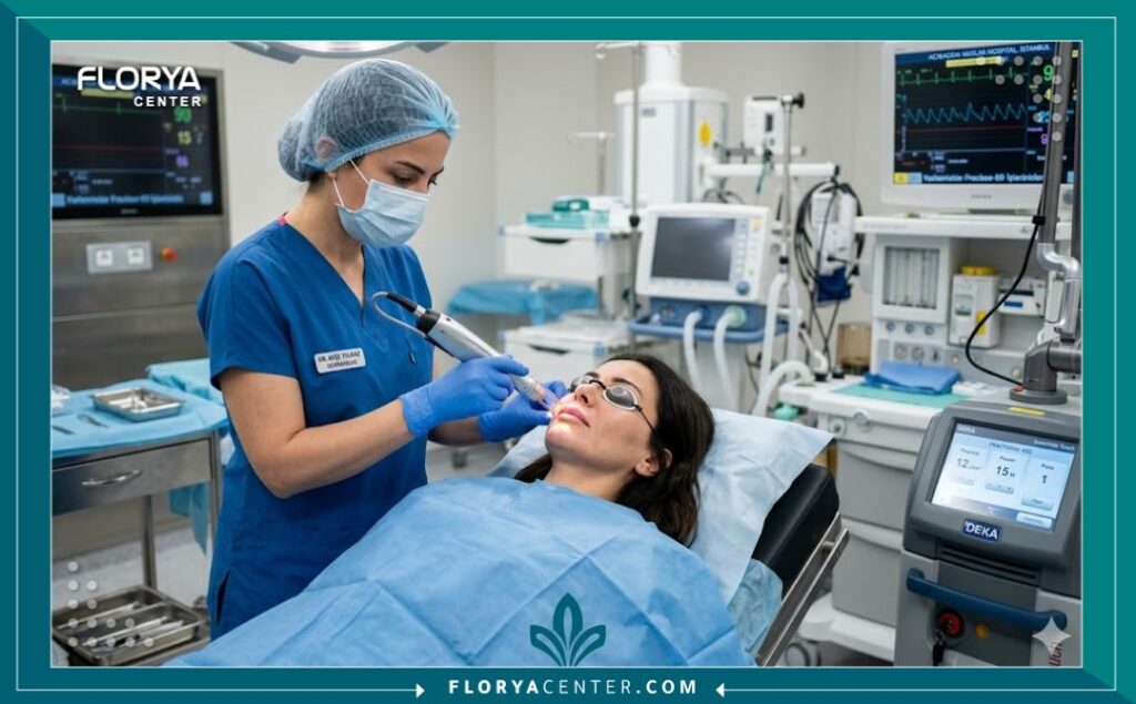 طبيبة تجميل متخصصة تقوم بإجراء عملية تقشير دقيق بالليزر لعلاج التجاعيد حول فم مريضة داخل غرفة عمليات معقمة ومجهزة بأحدث التقنيات في مستشفى بتركيا.