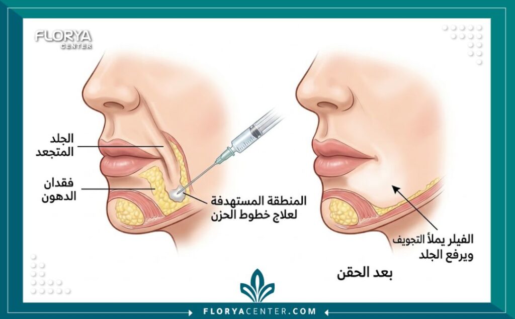 رسم توضيحي طبي يوضح تشريح الوجه وعلاج خطوط الحزن بالفيلر، وكيفية ملء التجاعيد ورفع الجلد في زوايا الفم.