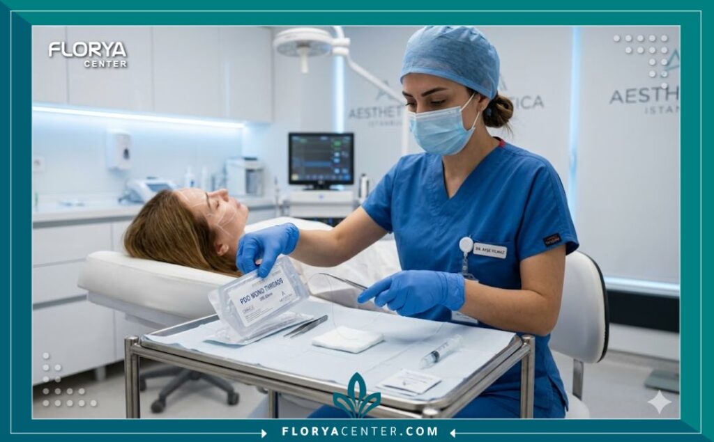 لقطة واقعية من داخل عيادة تجميل في تركيا، طبيبة تقوم بحقن الفيلر لعلاج خطوط الحزن حول فم المريض بدقة وعناية.