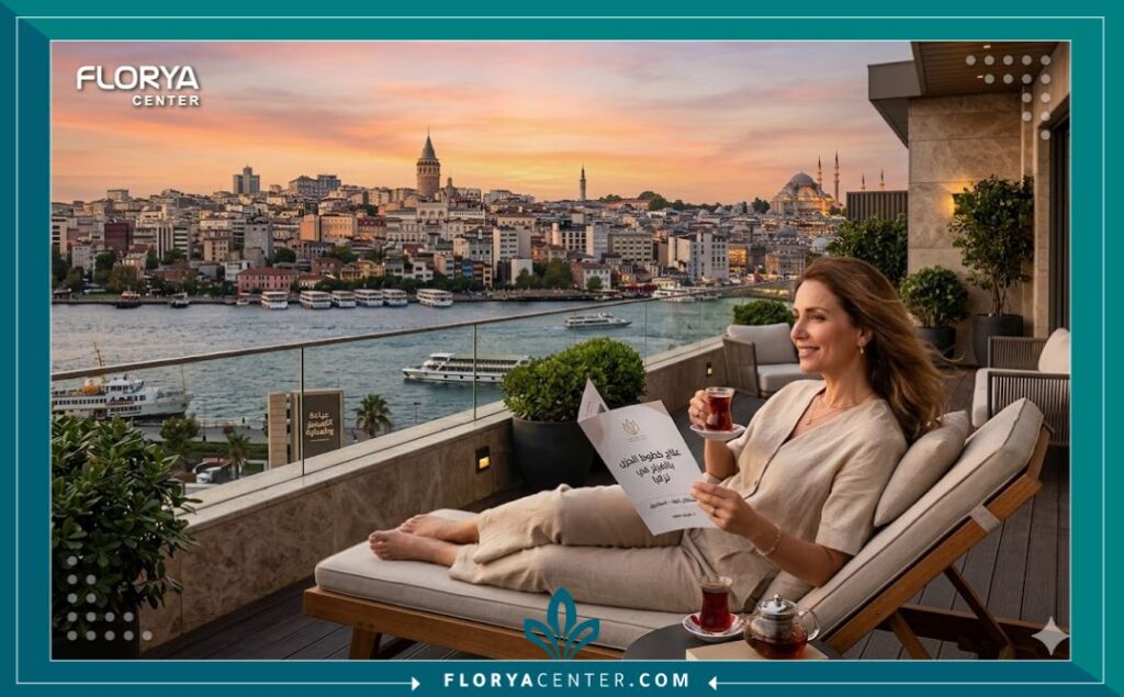 لقطة بانورامية لاسطنبول مع شرفة عيادة فاخرة تطل على البوسفور، تبرز تجربة السياحة العلاجية المريحة للتخلص من خطوط الحزن.