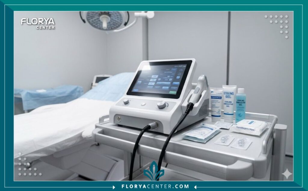 لقطة واقعية لغرفة علاج معقمة داخل عيادة تجميل، تركز على عربة المعدات الطبية التي تحمل جهاز الأولتراساوند المبرد الاحترافي ومستلزمات العلاج المعقمة جاهزة لبدء جلسة تكسير دهون الخدود.