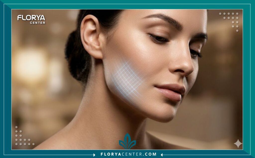 صورة قريبة (Close-up) تجميلية لبروفيل وجه امرأة تظهر خدًا سفليًا منحوتًا ومحددًا وخط فك واضح، مع تحديد بؤري على المنطقة التي تم استهدافها وتصغيرها باستخدام الأولتراساوند المبرد.