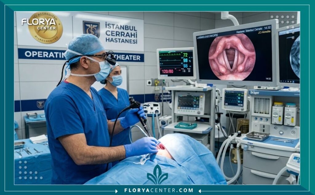 جراح تركي متخصص يجري عملية تجميل الصوت (الفونوسيرجيري) داخل غرفة عمليات حديثة ومعقمة في اسطنبول.