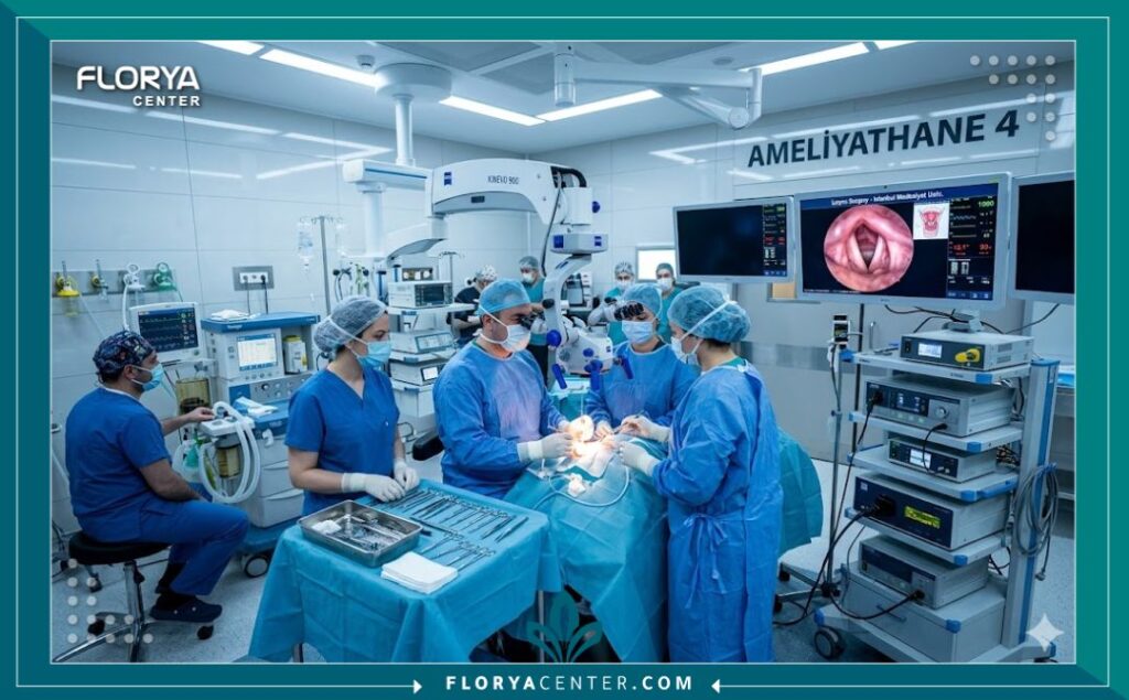 غرفة عمليات حديثة ومجهزة بالكامل في مستشفى تركي حيث يجري الأطباء عملية دقيقة لتحسين النطق.