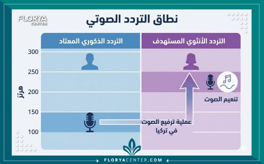 مخطط معلومات بياني (إنفوجرافيك) يقارن بين نطاقات التردد الصوتي للذكور والإناث بالهرتز، ويوضح التردد المستهدف بعد عملية ترفيع الصوت وتنعيمه في تركيا.