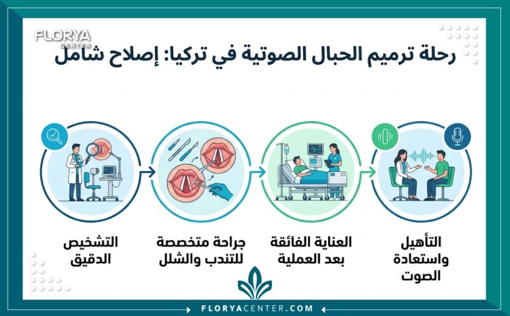 انفوجرافيك يوضح خطوات عملية ترميم الحبال الصوتية في تركيا، بدءًا من التشخيص والجراحة الدقيقة للتندب وصولاً إلى التأهيل الصوتي.