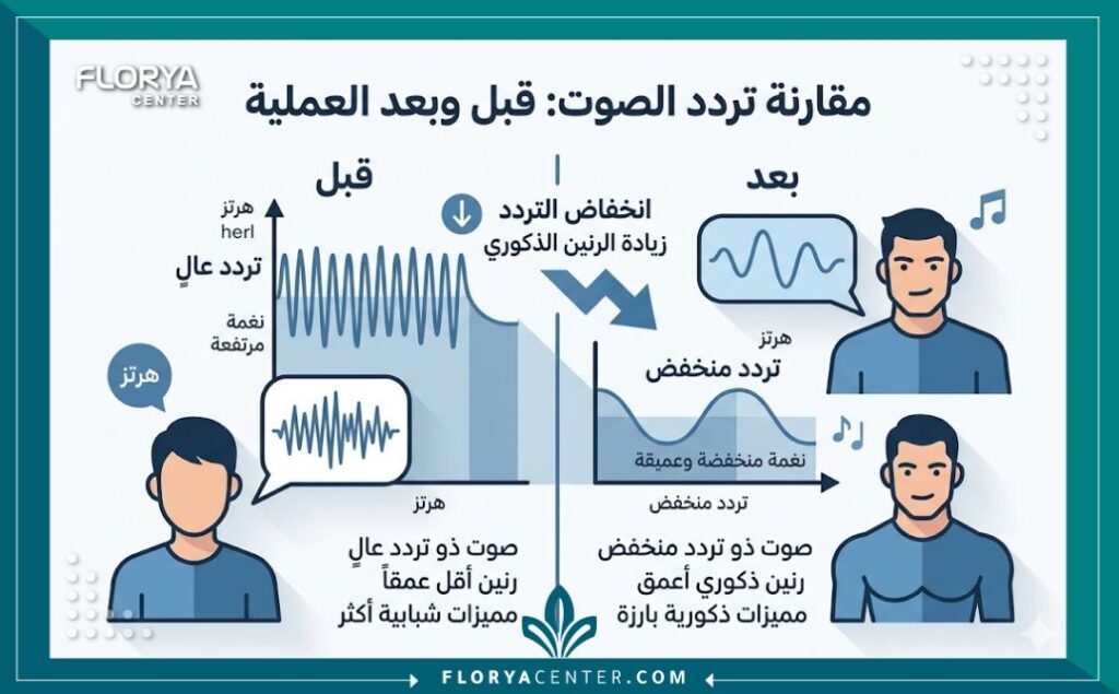 إنفوجرافيك يوضح الفرق في تردد الصوت ورنينه قبل وبعد عملية تضخيم الصوت في تركيا للرجال، يظهر انخفاض التردد وزيادة العمق.