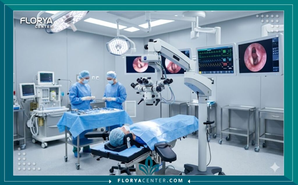 غرفة عمليات حديثة ومعقمة مجهزة بأحدث التقنيات والمناظير لإجراء جراحات الحنجرة وتنعيم الصوت الدقيقة.