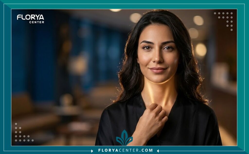 صورة بورتريه لمريضة شابة بعد نجاح عملية حقن الحبال الصوتية لعلاج شلل الحبل الصوتي في تركيا، تظهر بثقة وراحة وتضع يدها بلطف على رقبتها.