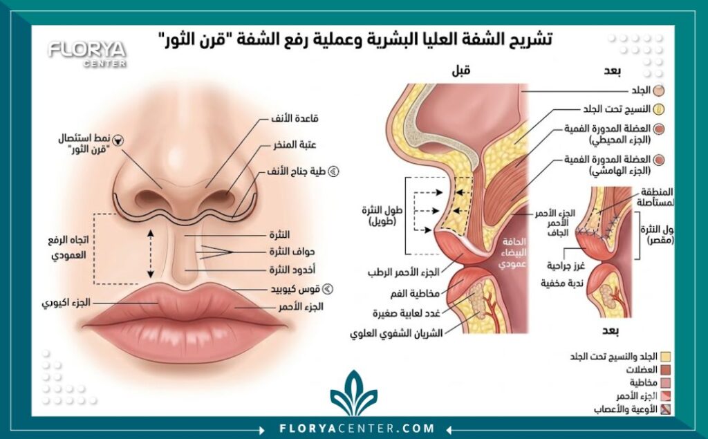 رسم توضيحي طبي يشرح تشريح منطقة الفلتروم وكيفية إجراء شق جراحي لتقصير المسافة بين الأنف والشفة العلوية.