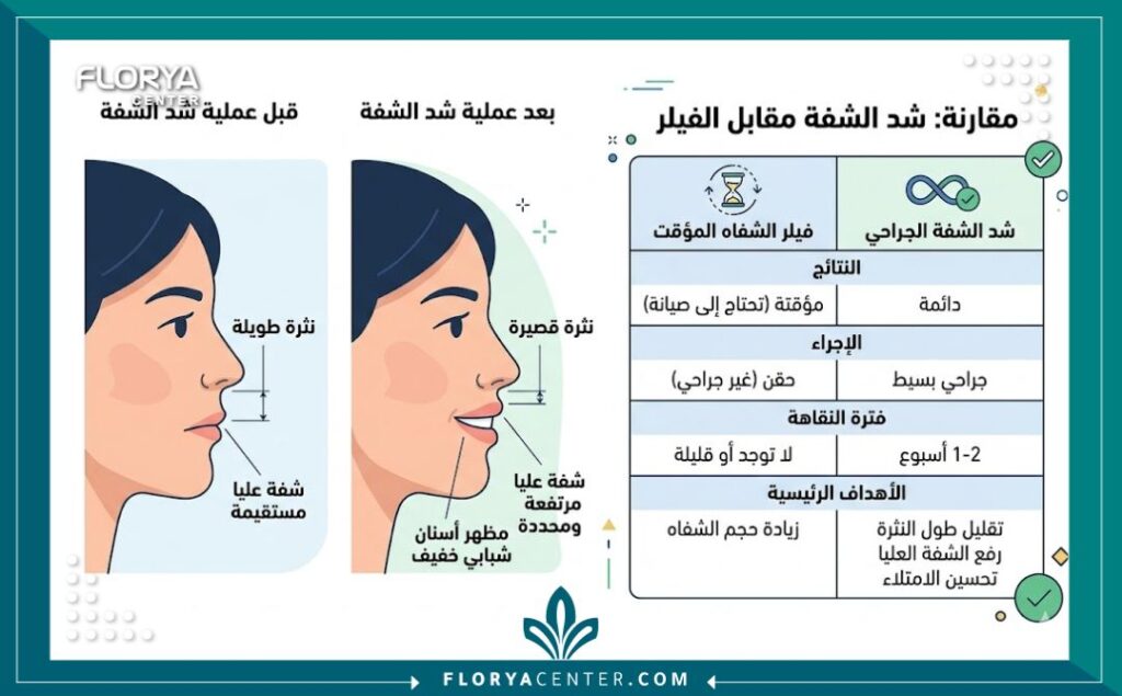 إنفوجرافيك يقارن بين نتائج عملية رفع الشفة العلوية الجراحية الدائمة وبين الحقن المؤقت لفيلر الشفايف.