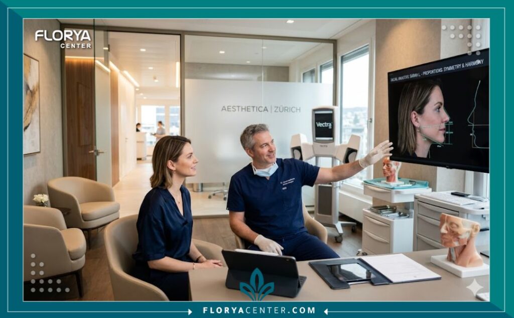 طبيب تجميل متخصص داخل عيادة تركية فخمة يناقش خطوات وتوقعات جراحة رفع الشفاه مع مريضة.
