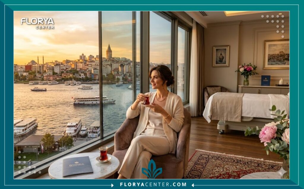 مريضة تستمتع بفترة النقاهة والراحة التامة بعد جراحة تجميل الوجه ورفع الشفاه في إسطنبول بتركيا مع إطلالة ساحرة على البوسفور.