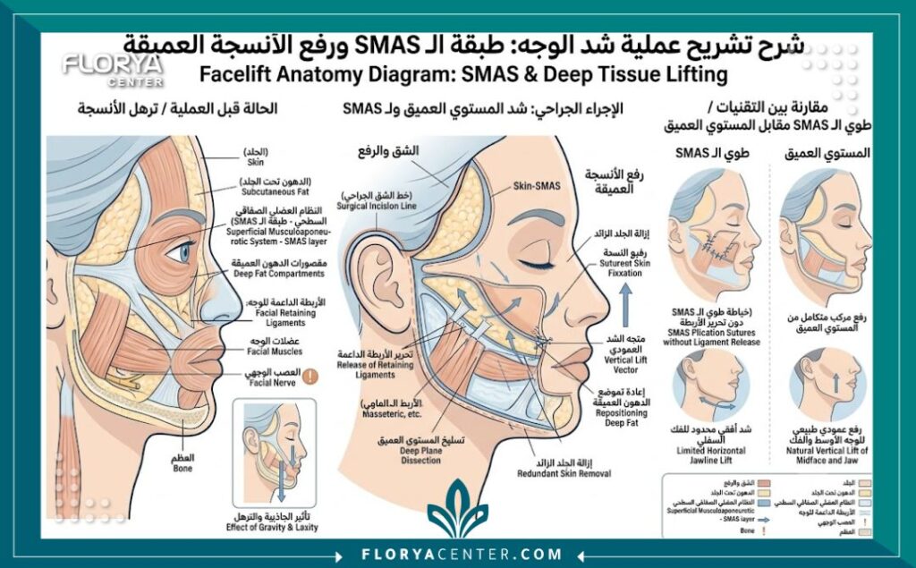 رسم تخطيطي طبي يوضح عضلات الوجه وطبقة الـ SMAS المستهدفة في جراحة شد الوجه.