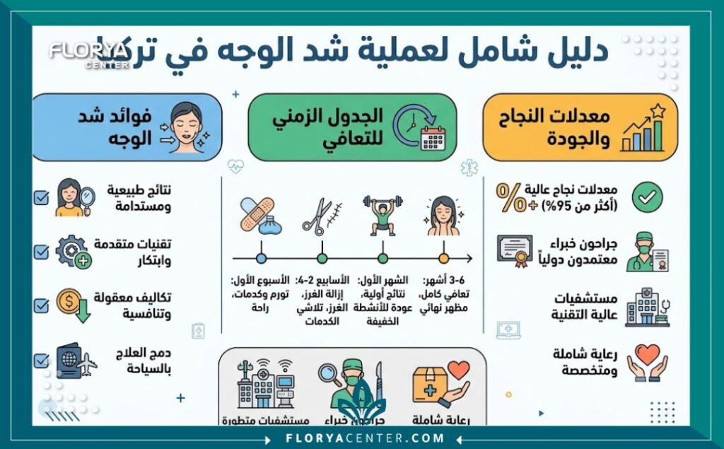 إنفوجرافيك يوضح نسب نجاح ومميزات إجراء عملية شد الوجه في المستشفيات التركية.