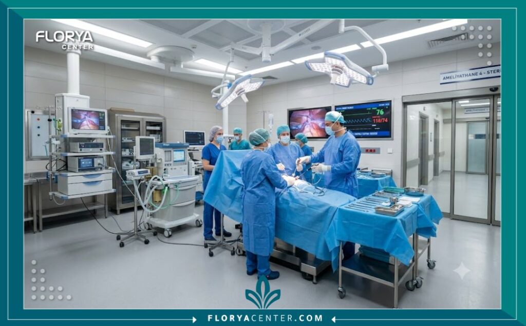 غرفة عمليات معقمة ومجهزة بأحدث التقنيات الطبية لعمليات تجميل الوجه في مستشفيات تركيا.