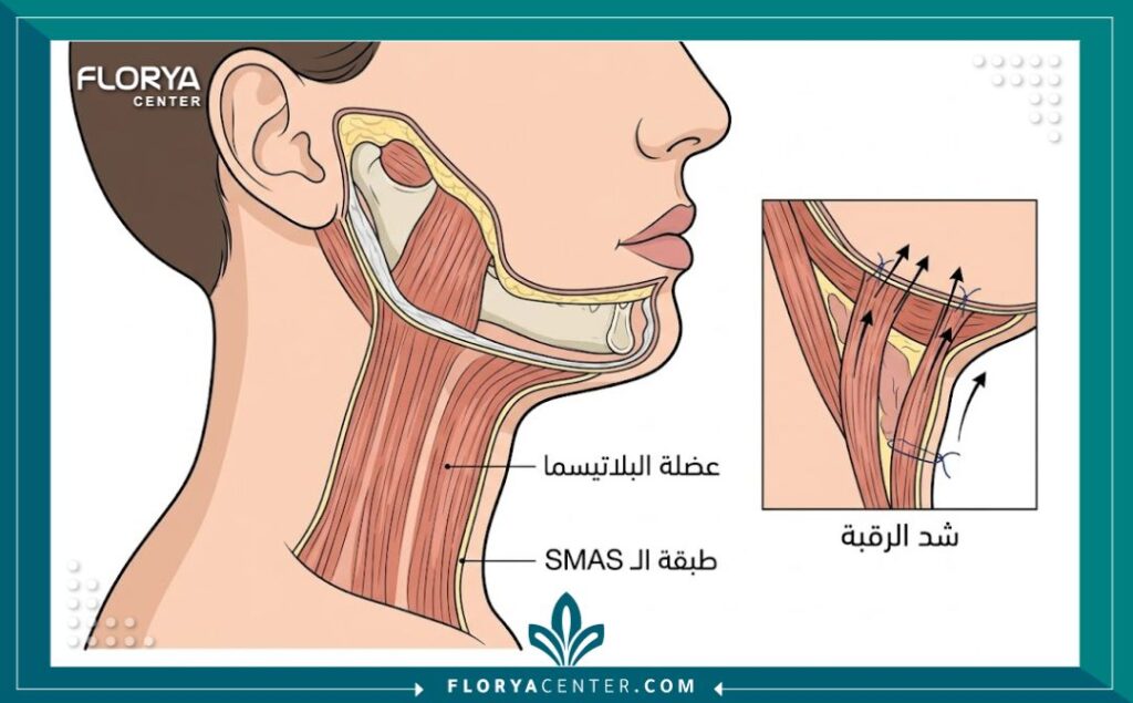رسم توضيحي طبي يوضح تشريح عضلة البلاتيسما وطبقة SMAS في عملية شد الرقبة لمنع الترهل مجدداً.