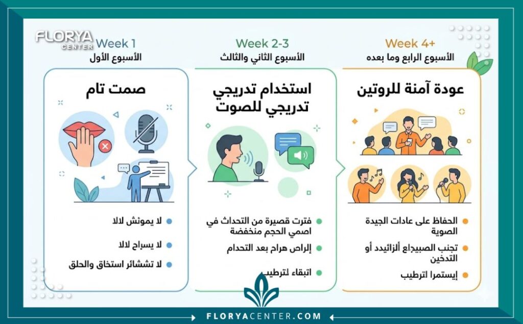 إنفوجرافيك يوضح الجدول الزمني المقترح للتعافي بعد جراحة الحبال الصوتية.