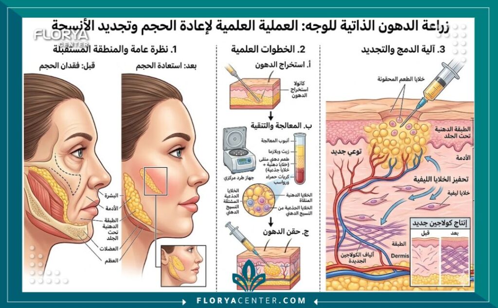 فوائد حقن الدهون الذاتية للوجه جراحياً 2 رسم توضيحي طبي لطبقات الجلد يشرح آلية عمل حقن الدهون الذاتية في الوجه ودور الخلايا الجذعية في تجديد ونعومة الجلد.