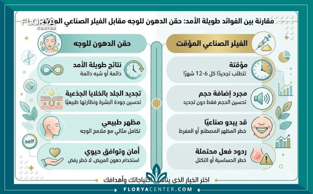 فوائد حقن الدهون الذاتية للوجه جراحياً 3 إنفوجرافيك يقارن بين الفيلر وحقن الدهون الذاتية، يبرز مميزات الإجراء الجراحي مثل استدامة النتيجة وتحسين جودة البشرة.