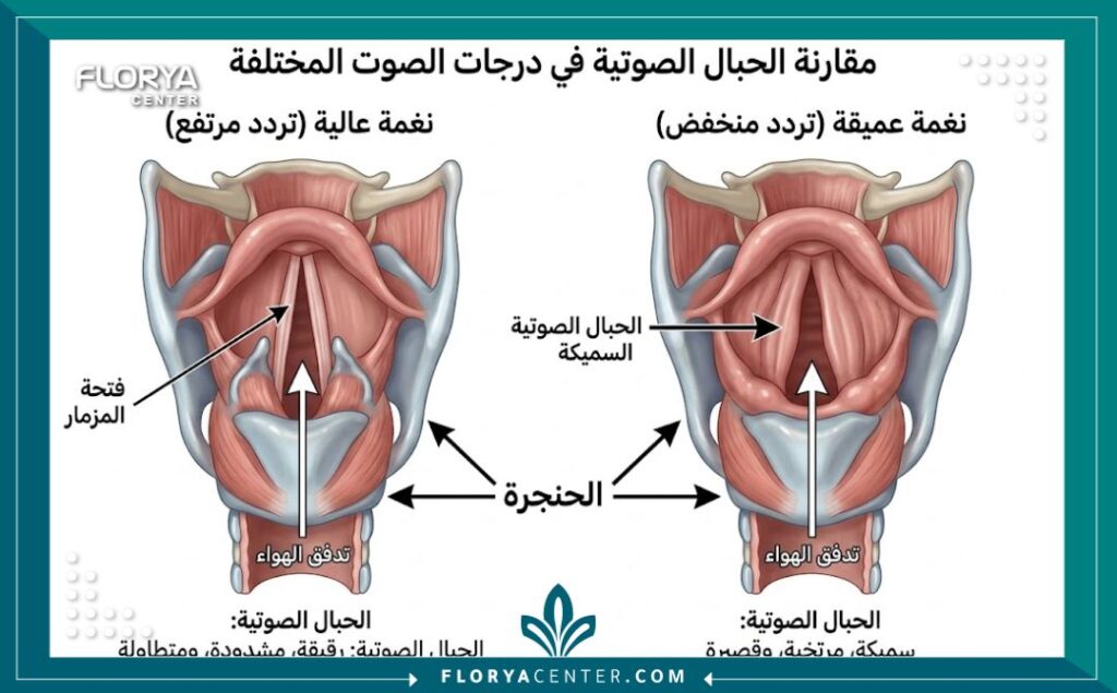 رسم تخطيطي طبي يوضح الفرق بين الحبال الصوتية الرفيعة والسميكة وتأثيرها على خامة الصوت وجعله جهوراً.
