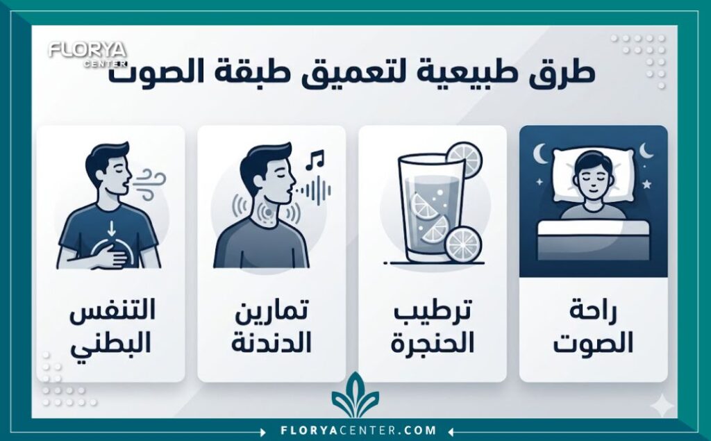 إنفوجرافيك يوضح 4 طرق طبيعية وتمارين يومية للشباب كيف أجعل صوتي خشن وعميقاً، مثل التنفس البطني والدندنة.
