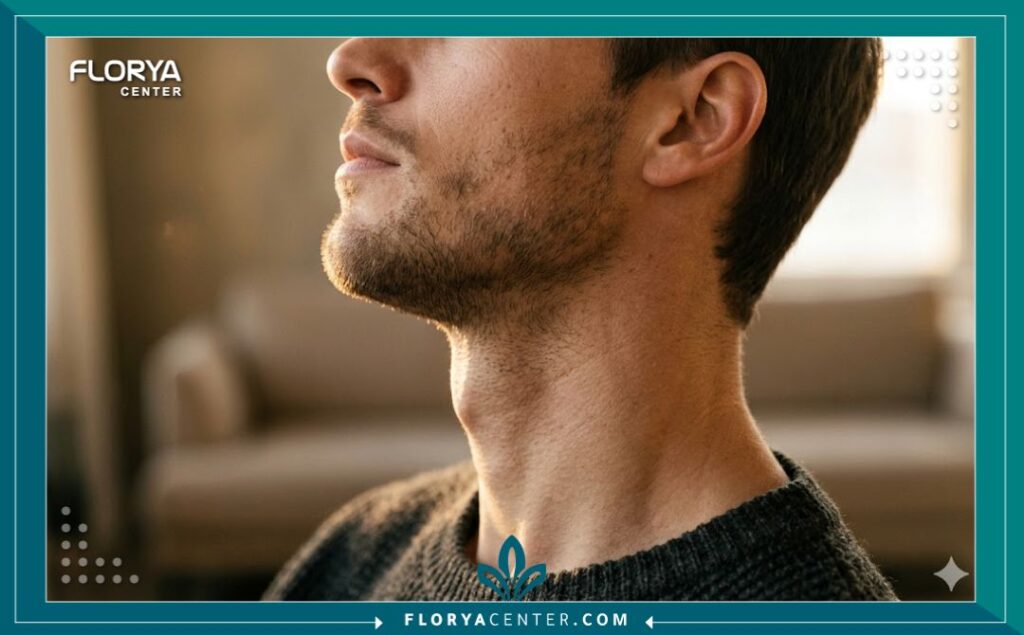 لقطة قريبة (زوم) على رقبة وحنجرة رجل، تبرز تفاصيل العضلات وتفاحة آدم، ترمز لتدريبات خامة الصوت الرجولية.