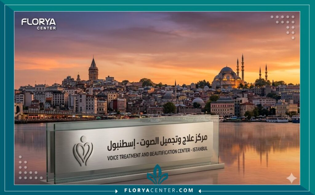 منظر الغروب في إسطنبول تركيا مع إشارة لمركز متخصص في عمليات تجميل الحبال الصوتية للرجال (السياحة العلاجية).