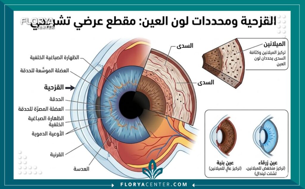 مخطط تشريحي طبي يوضح أجزاء القزحية والعوامل المسؤولة عن تحديد لون العين، مع تسميات توضيحية باللغة العربية.
