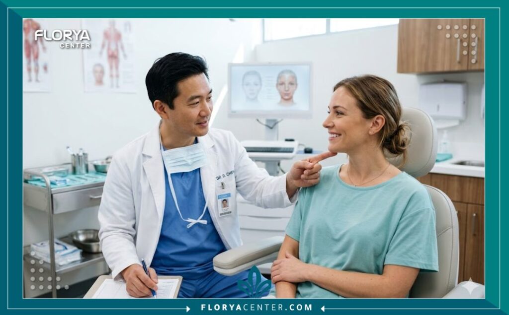 طبيب جراحة تجميل يشرح للمريضة مسار عملية التخلص من اللغلوغ وقص جلد الرقبة الزائد  كيف يتم قص الجلد الزائد في الرقبة؟ في عيادة مجهزة.